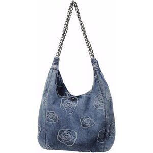 Denim Hobo Tote Bag for Women Floral Pattern Shoulder Purse Lightweight